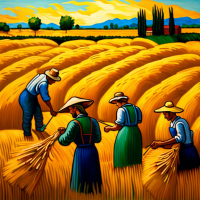 paint a wheat field with 5 people working on the field like van gogh harvest painting 