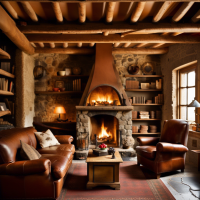 show me a living room, The main room serves as a cozy living area, centered around a stone fireplace that crackles with warmth. There are wooden beams across the ceiling, adding to the rustic charm. Simple but comfortable furniture, including a well-worn leather armchair and a wooden table, give the space a homely feel. Shelves are lined with books, trinkets, and keepsakes that tell stories of their lives.