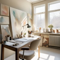 The studio is filled with natural light, thanks to a large window on one wall, which allows sunlight to pour in, illuminating her workspace during the day. The walls are painted in neutral, soft tones to keep the focus on her art.