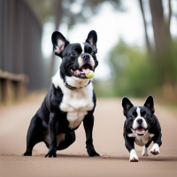 crazy black french bulldog hanging out with an excited border collie who loves chasing balls