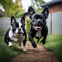 crazy black french bulldog chasing a border collie around a small backyard