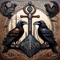 Two ravens protecting a who is exhausted with old Norse symbols and a Viking ship in the background