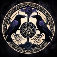 3 ravens surrounding the old Norse Norns in a logo style photo with Norse pagan symbols 